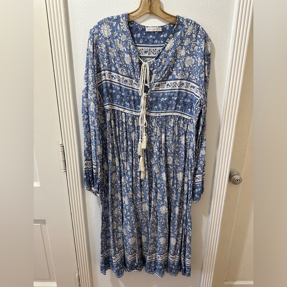 R. Vivimos Blue Floral Long Sleeve Midi Dress with Front Ties
